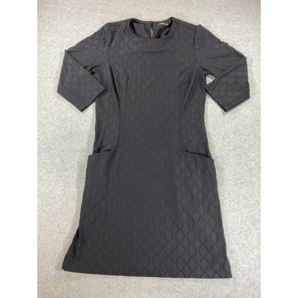 J.McLaughlin Black Quilted Trellis Sheath Dress 3/4 Sleeve Pockets Size S 2851